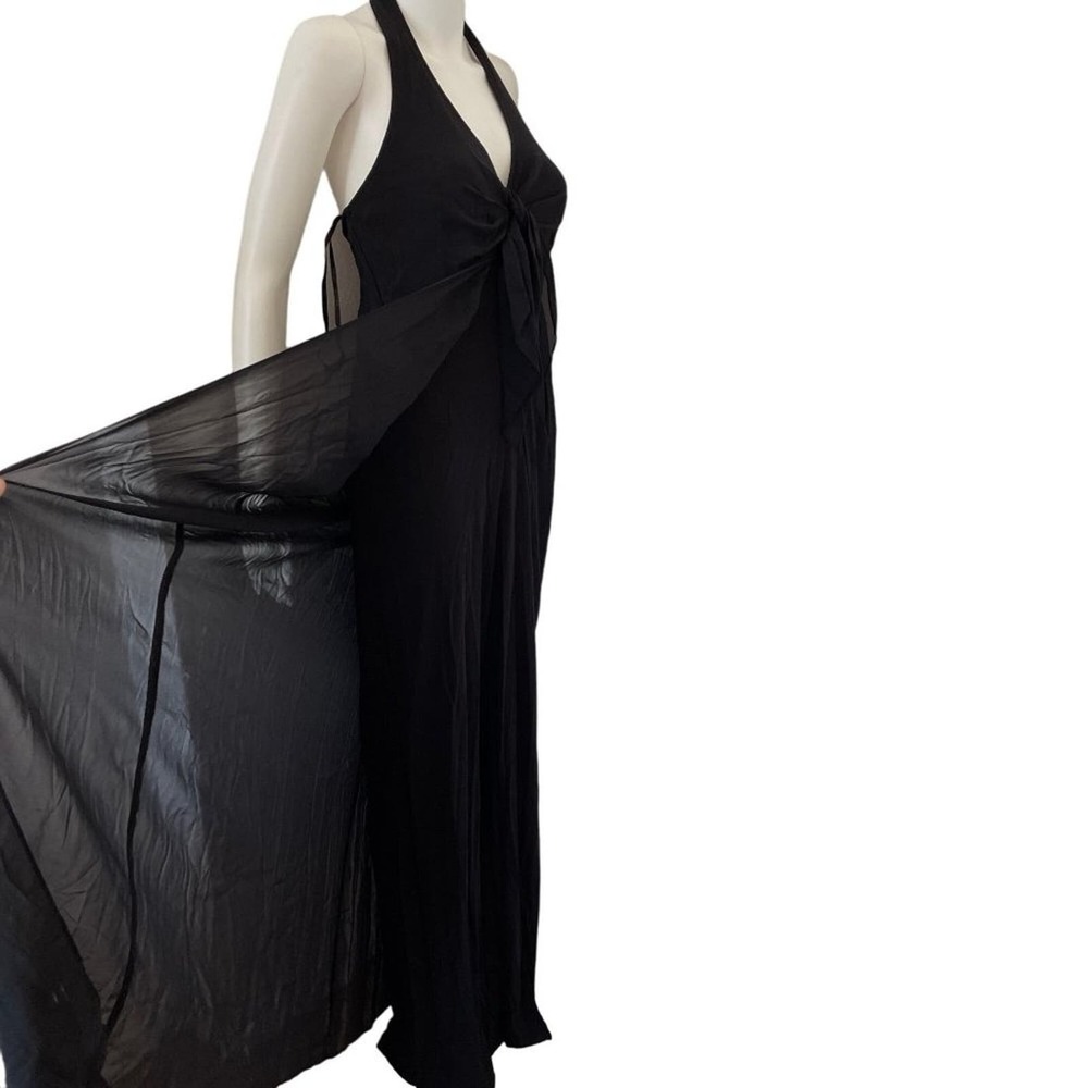 Cache Jumpsuit Black Silk Halter Top Pants Sheer Half Skirt Open Back Size 6